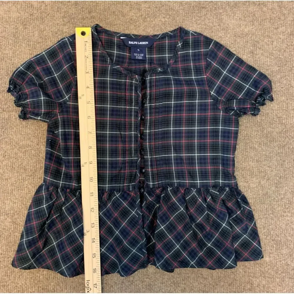 Ralph Lauren Kids Plaid Top Girls 5 Short Sleeve Ruffle Blouse Button Shirt
